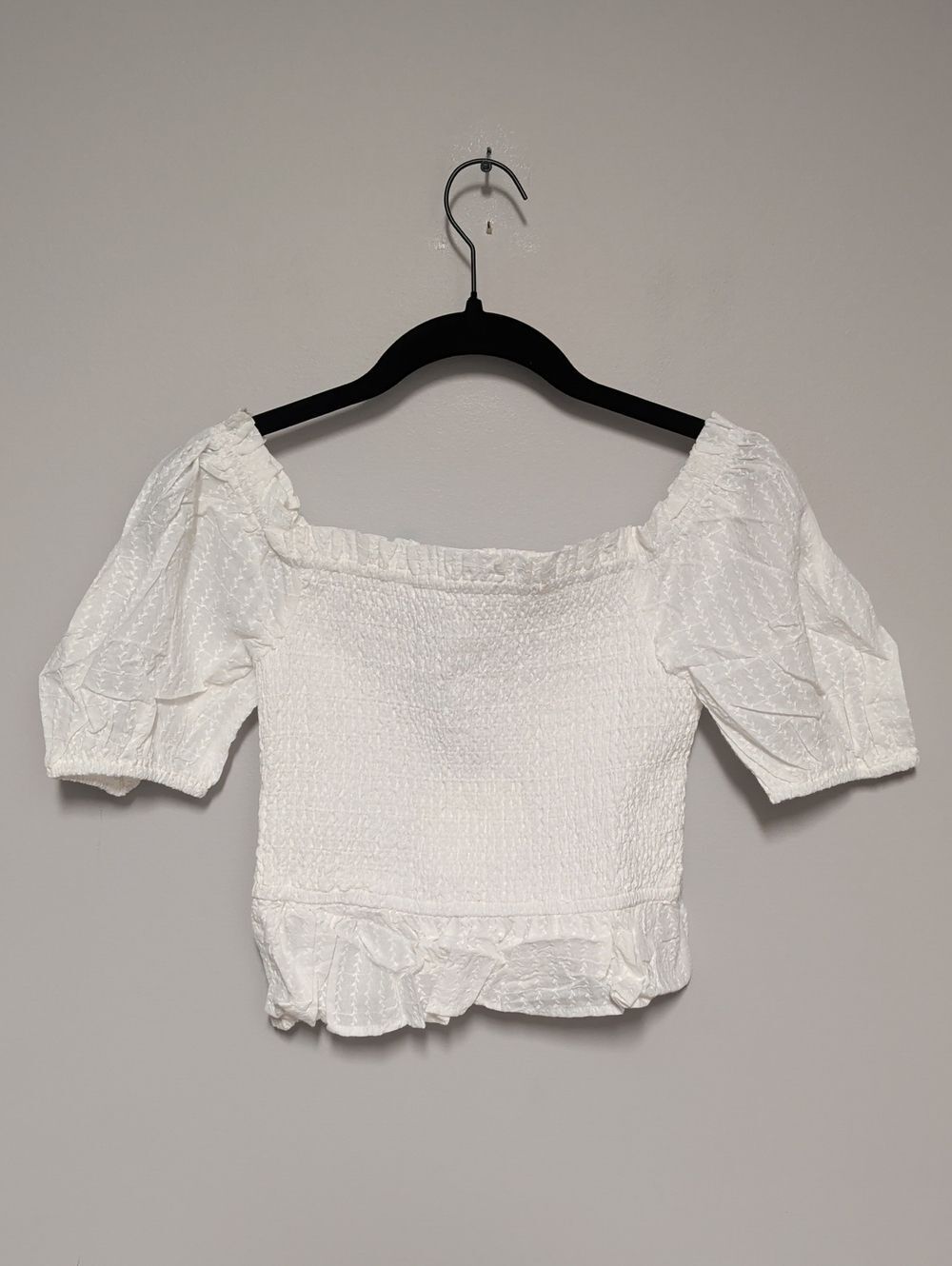 Lost + Wander White Smocked Off-Shoulder Puff Sleeve Crop Top